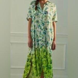 ANTHROPOLOGIE Maxi Tunic Dress Button down Coverup Floral Blue Green Size M